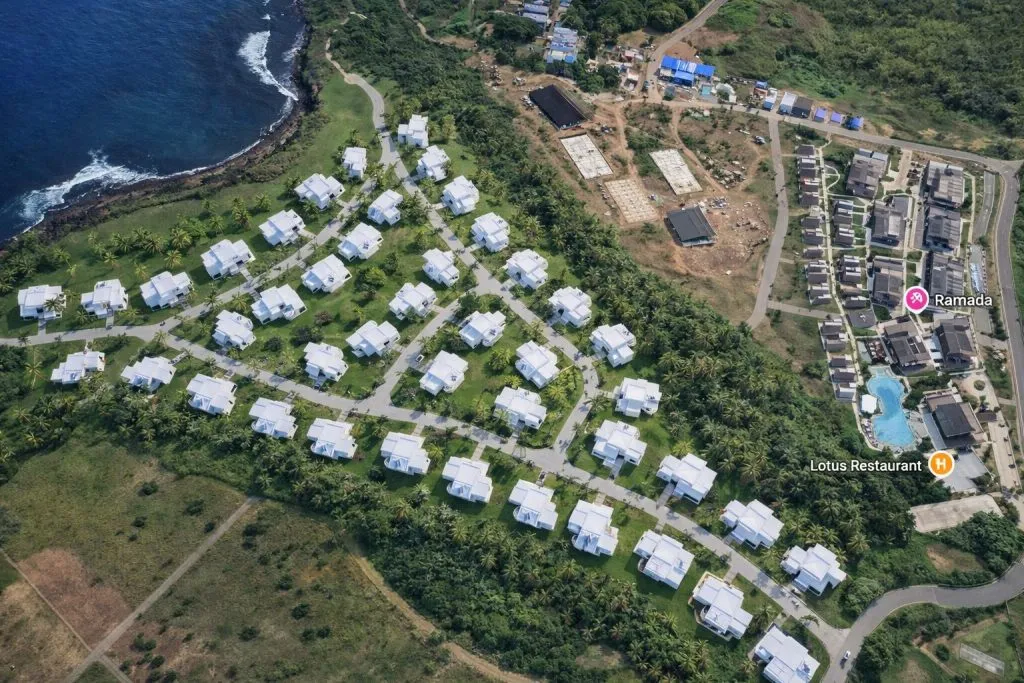 Aerial development overview of Brotherson Estate beside the coast in St. Kitts