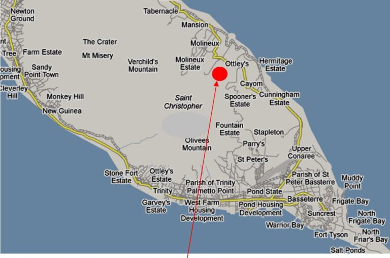 Location map showing Ottley's above the north-east coast of St Kitts